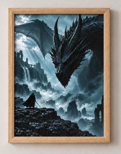 Hero & Dragon Framed Print - Fantasy Wall Art A3