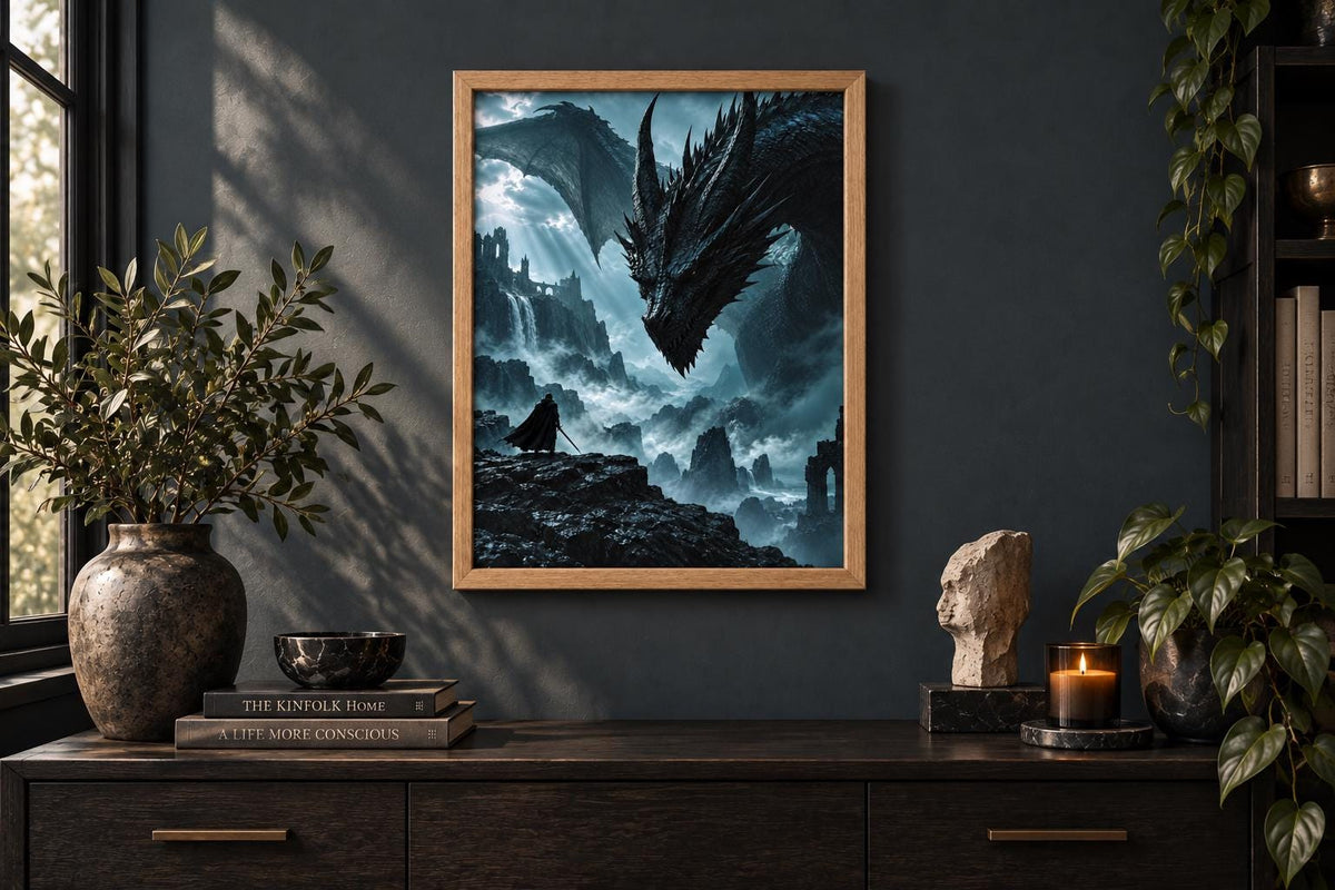 Hero & Dragon Framed Print - Fantasy Wall Art A3