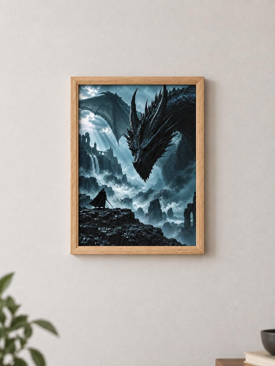 Hero & Dragon Framed Print - Fantasy Wall Art A3