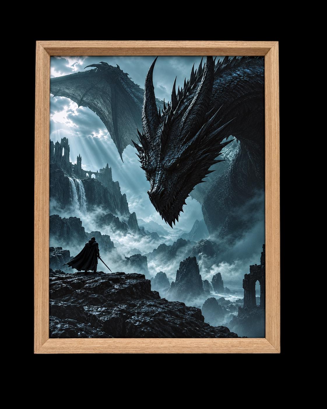 Hero & Dragon Framed Print - Fantasy Wall Art A3