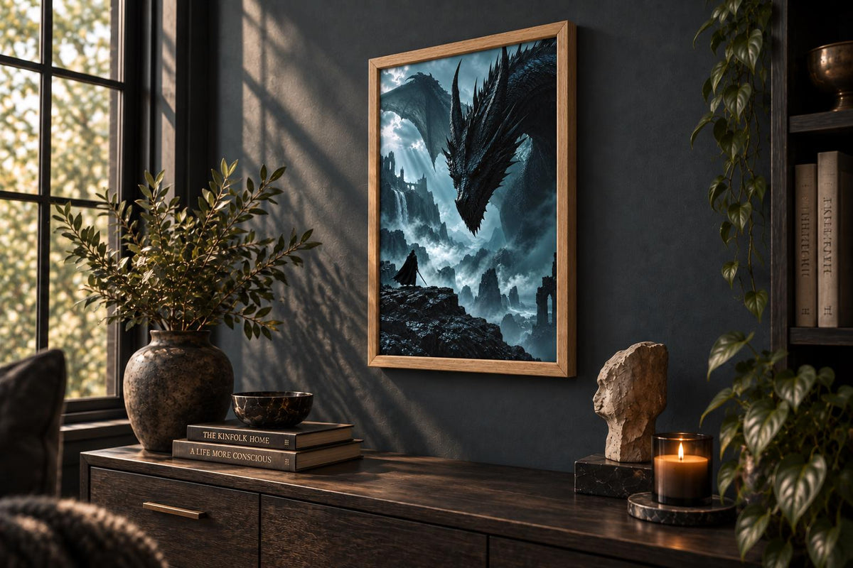 Hero & Dragon Framed Print - Fantasy Wall Art A3