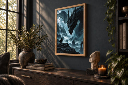 Hero & Dragon Framed Print - Fantasy Wall Art A3