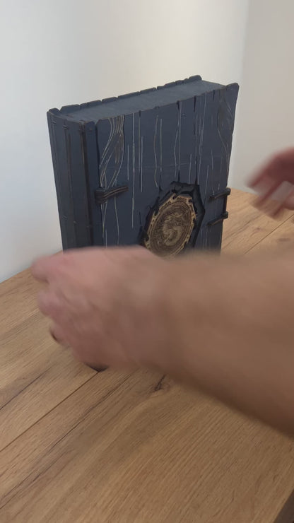 Engraved Wooden Medallion Book Box with integrated hinge and magnetic latch