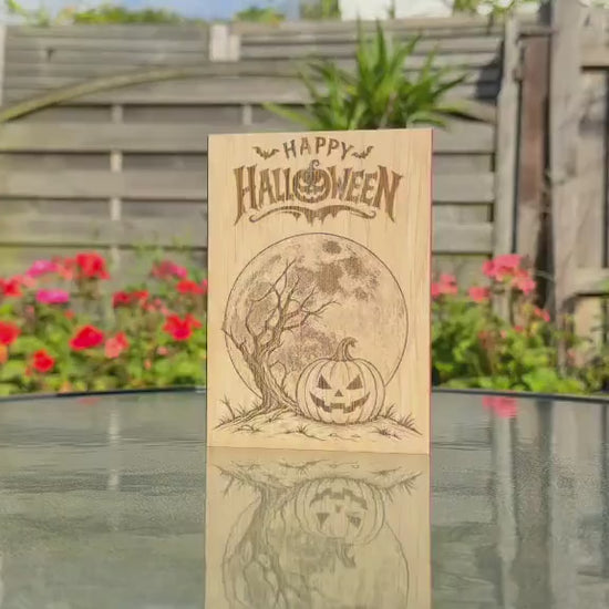 Pumpkin Moon Halloween Card - Wooden Engraved Card - Personalised