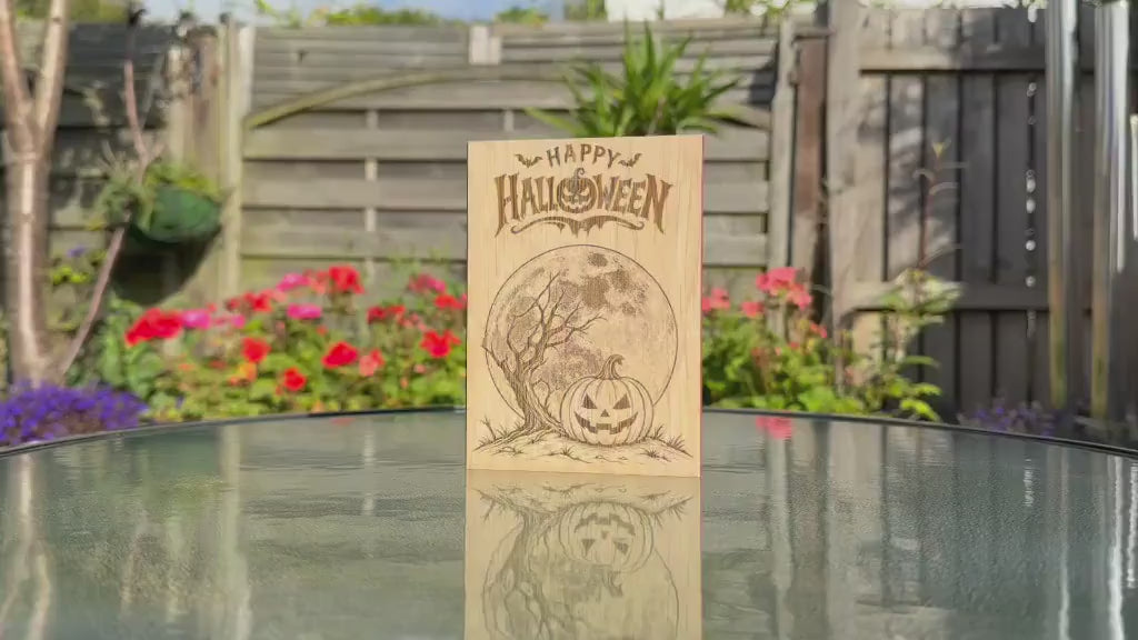Pumpkin Moon Halloween Card - Wooden Engraved Card - Personalised