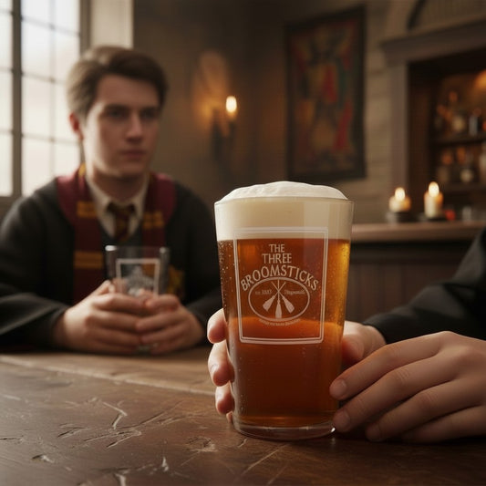 The Three Broomsticks - Pub Sign - Harry Potter - Engraved Pint Glass - Presentation Box